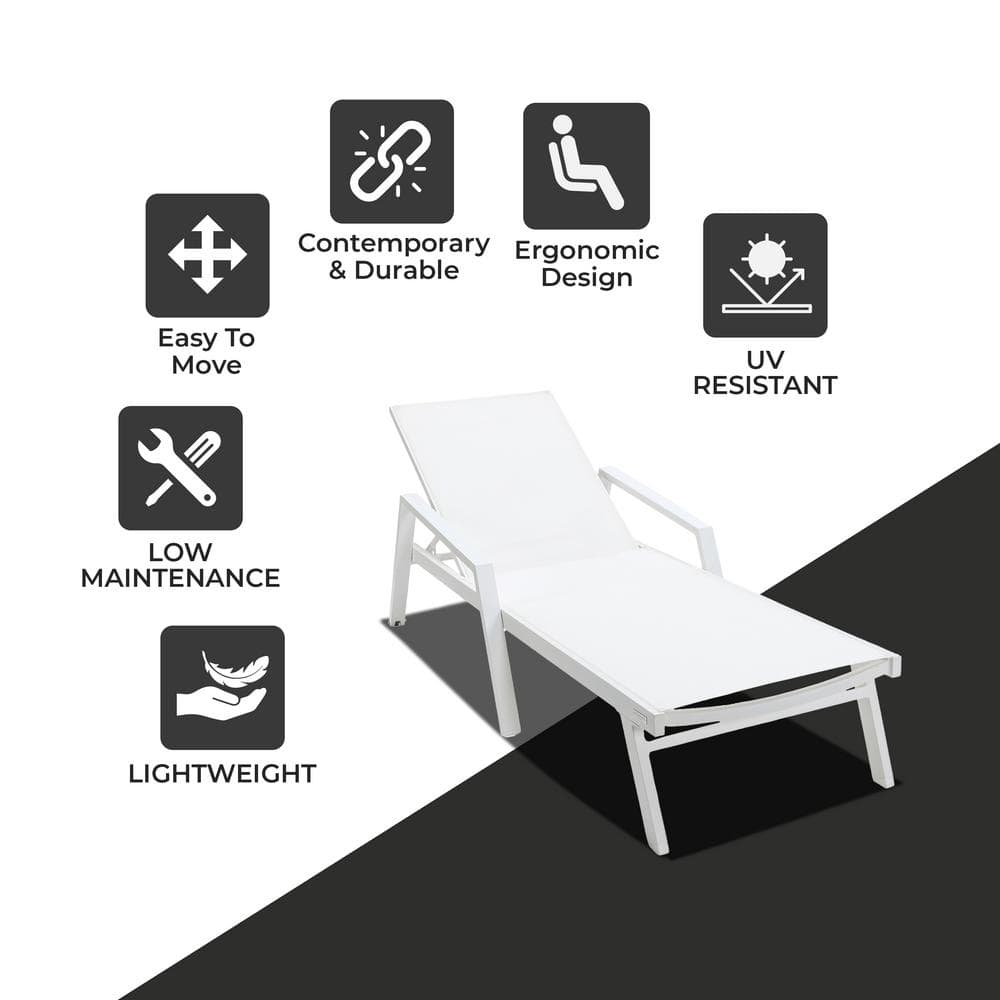White Aluminum Adjustable Chaise Lounge with Arms and Cushions