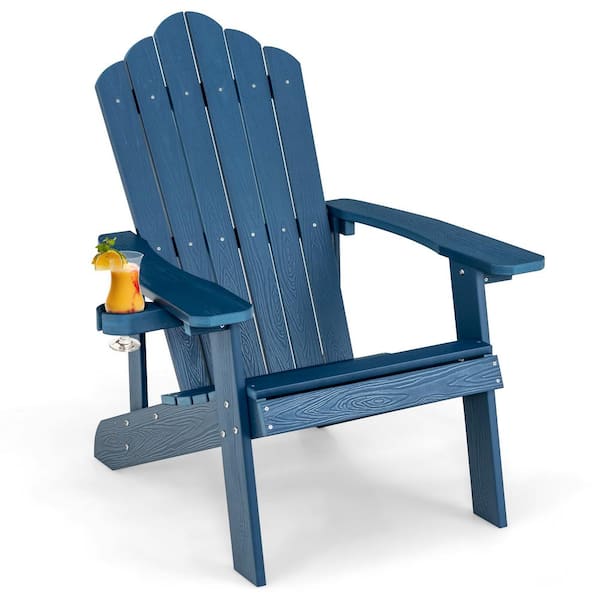 WELLFOR Blue Outdoor Plastic Adirondack Chair with Cup Holder (1-Pack)