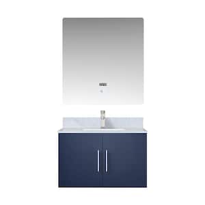 Geneva 30 in. W x 22 in. D Navy Blue Bath Vanity, Carrara Marble Top, Faucet Set and 30 in. LED Mirror