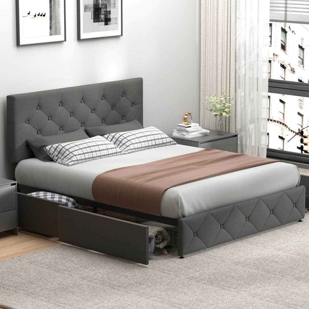 ULSMVOC Gray Upholstered Queen Size Platform Bed with Bed Drawers and ...