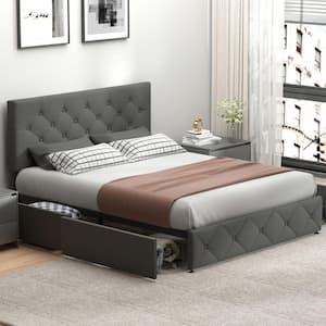 Gray Upholstered Queen Size Platform Bed with Bed Drawers and Strong Wooden Slats