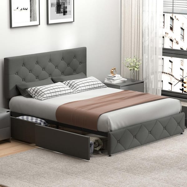 ULSMVOC Gray Upholstered Queen Size Platform Bed with Bed Drawers and Strong Wooden Slats