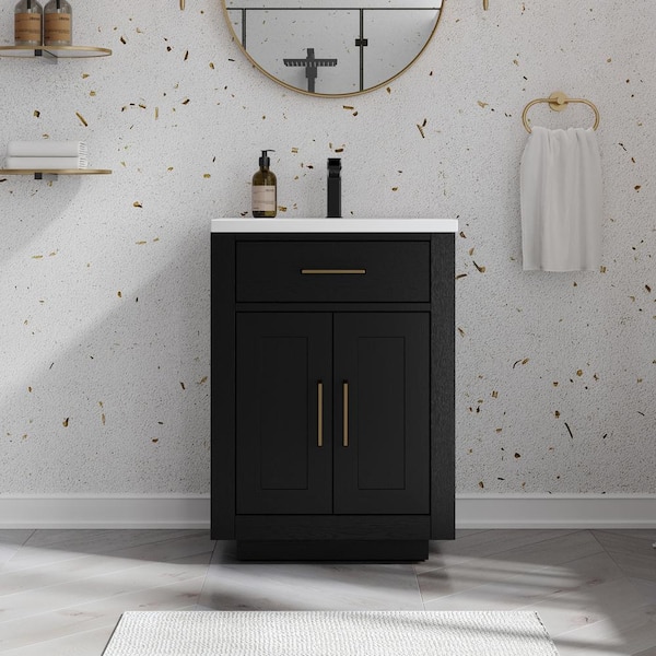ANGELES HOME 24 in. W Wood Intergral Single Sink Freestanding Brown Bath Vanity with White Resin Top, Assembled