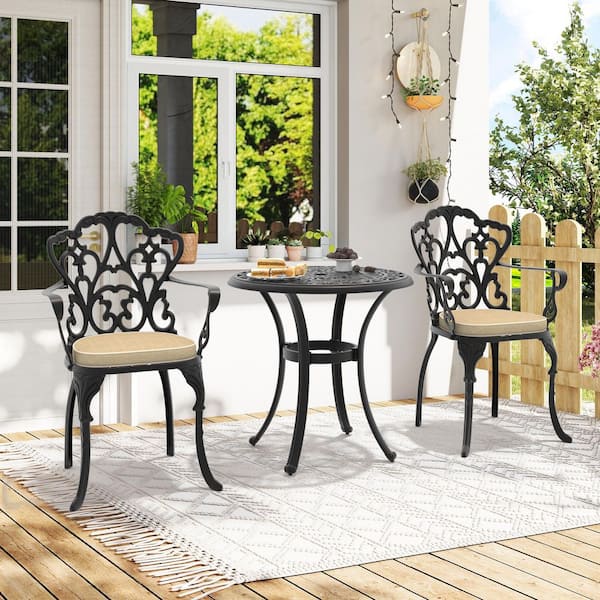 3-Piece Black Cast Aluminum Outdoor Dining Set with Off-White Cushions