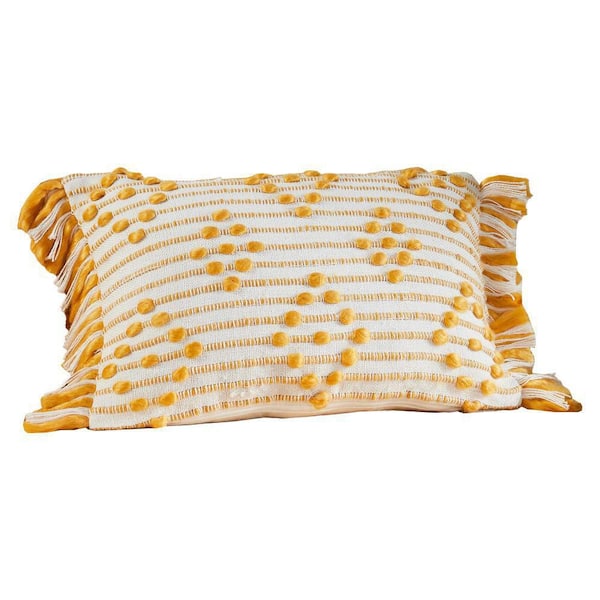 Benjara Yellow and White Diamond Pattern Embroidered Decorative Accent 12 in. x 18 in. Throw Pillow Cover