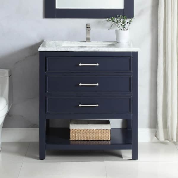 Smania 30 in. W x 22 in. D x 35.63 in. H Single-Sink Freestanding Bath Vanity in Marine Blue with Carrara Marble Top