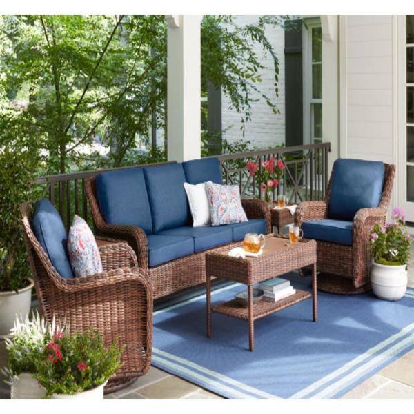 Hampton Bay Cambridge Brown 4 Piece Wicker Patio Conversation Set With Blue Cushions 65 17148b - Home Depot Patio Furniture Without Cushions