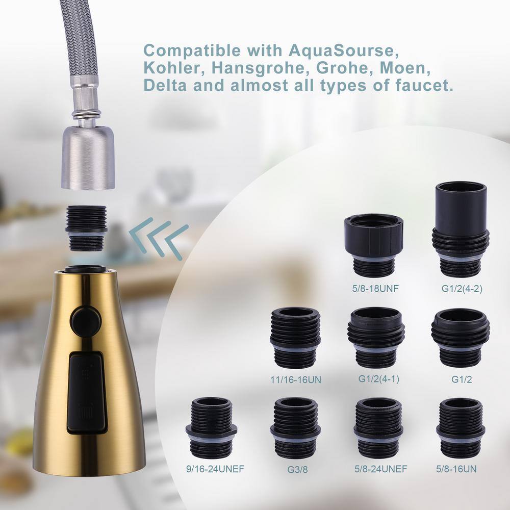 Brushed Gold 3-Function Kitchen Faucet Sprayer Head with Adapters