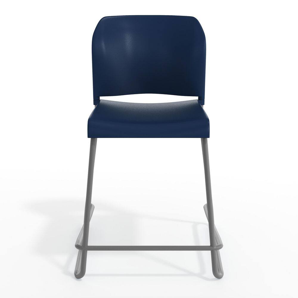 Front view of a navy blue plastic bar stool with a gray metal sled base.