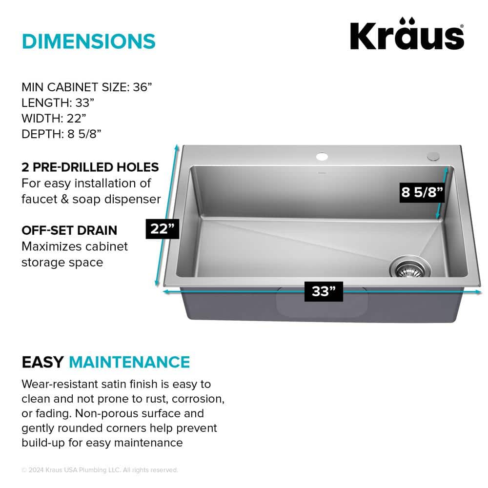 Fairlane 33-Inch Stainless Steel Drop-In Single Bowl Kitchen Sink