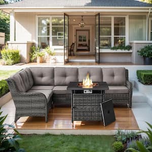 3-Piece Gray Wicker Fire Pit Conversation Set with Olefin Gray Cushions and L-Shaped Sofa/Fire Pit Table