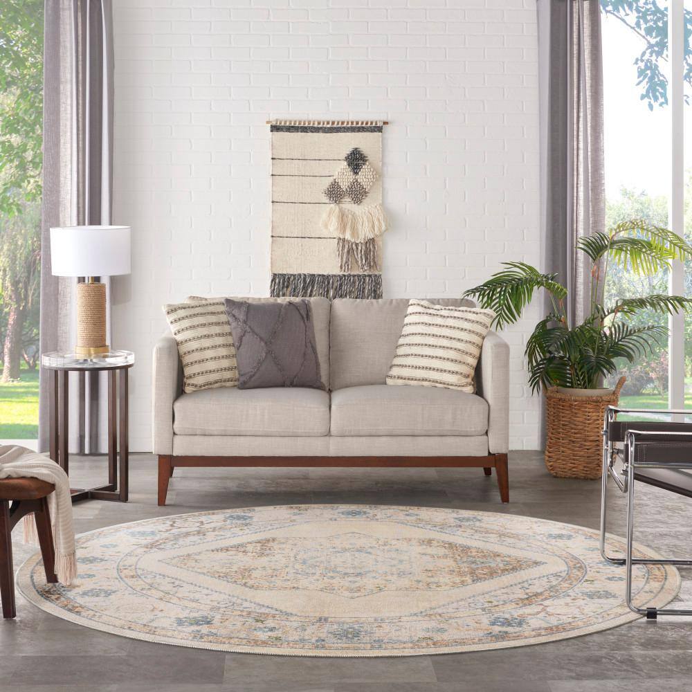 Ivory Blue Round Medallion Machine Washable Area Rug