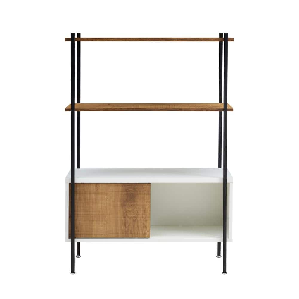 White and Oak Adjustable 3-Shelf Bookcase with Sliding Doors