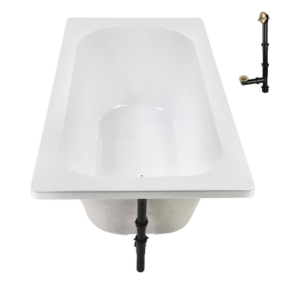 72" x 36" Glossy White Acrylic Soaking Drop-In Bathtub with Polished Brass Drain
