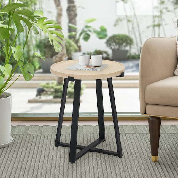 Maypex 18.9 in. W Round MDF White Oak Finish 22 in. H Round Manufactured Wood End Table with Cross Metal Legs