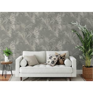 Jungle Leaves Platinum Metallic Finish Vinyl on Non-Woven Non-Pasted Wallpaper Roll