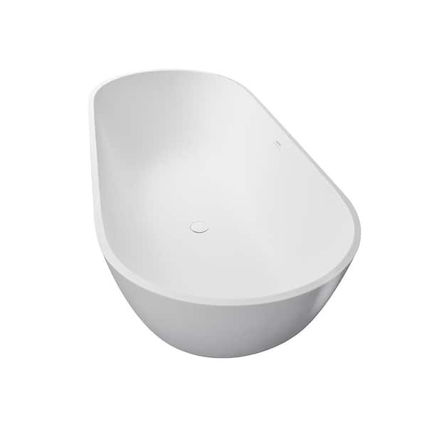 59 in. Stone Resin Solid Surface Flatbottom Non-Whirlpool Soaking Bathtub in White with Brass Drain
