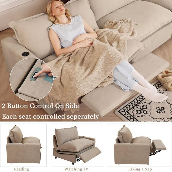 83 in. Power Recliner 3-Pieces Loveseat Sofa with Thicken Sofa Deep Seat, Ottoman, Heating, USBandType-C Ports in Khaki