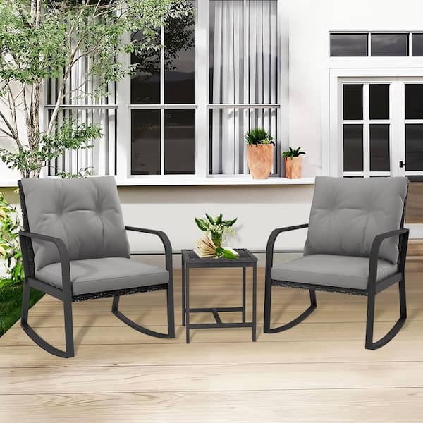 3-Piece Metal Wicker Outdoor Bistro Set Rocking Chair Set with Gray Cushions, 2 Rocking Chairs, Glass-Top Table