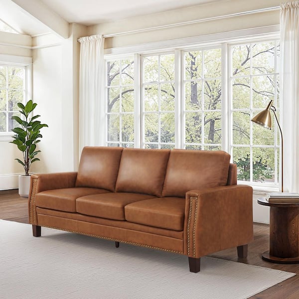 SEULGIS ブラウン OrangeOne Sampson 84 in. Genuine Leather Square Arms 3-Seat Sofa