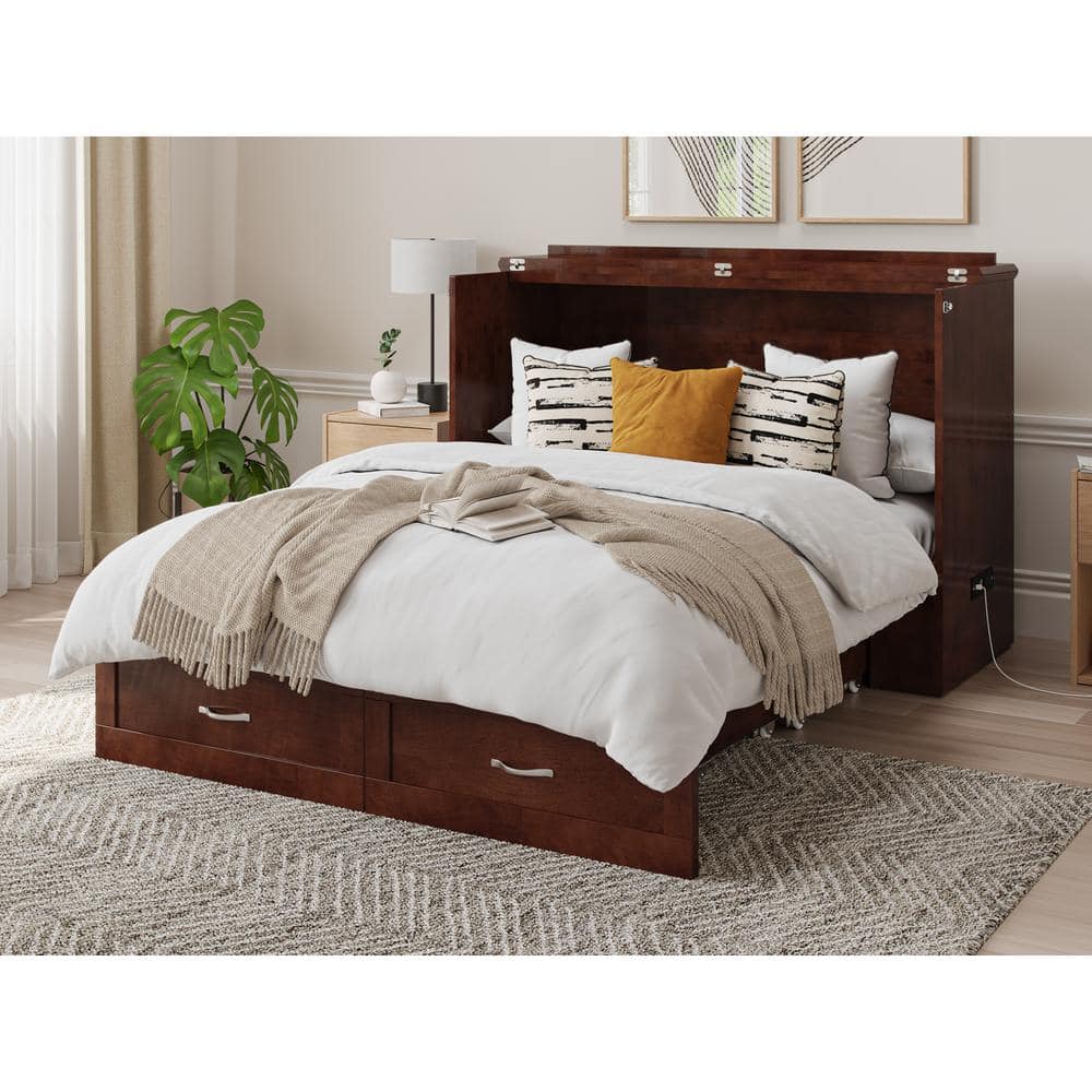 Walnut Full Murphy Bed Chest with Upholstered Wood Frame and Drawer