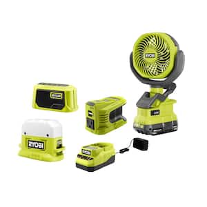 ONE+ 18V Cordless 4-Tool Combo Kit with Area Light, Speaker, Clamp Fan, Power Source, 1.5 Ah Battery, and Charger