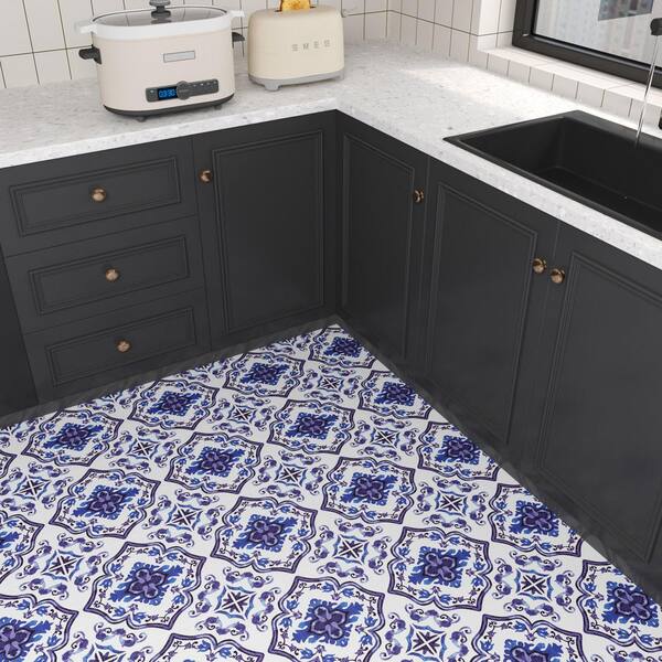 VEELIKE Blue and White Peel and Stick Vinyl Flooring 12'' x 118'' Waterproof Self Adhesive Mediterranean Floor Tile Roll Heavy Duty Blue Moroccan