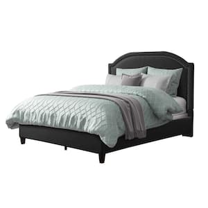 Florence Dark Grey Fabric Queen Bed Frame with Arched Headboard and Nailhead Trim Accents