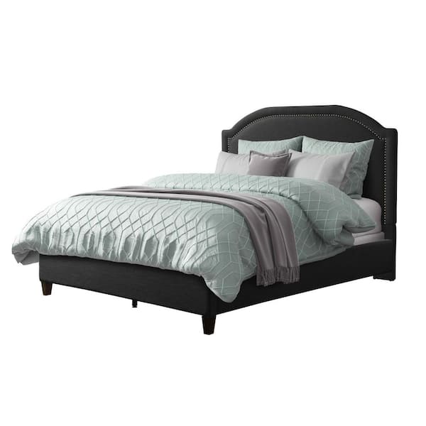CorLiving Florence Dark Grey Fabric Queen Bed Frame with Arched Headboard and Nailhead Trim Accents