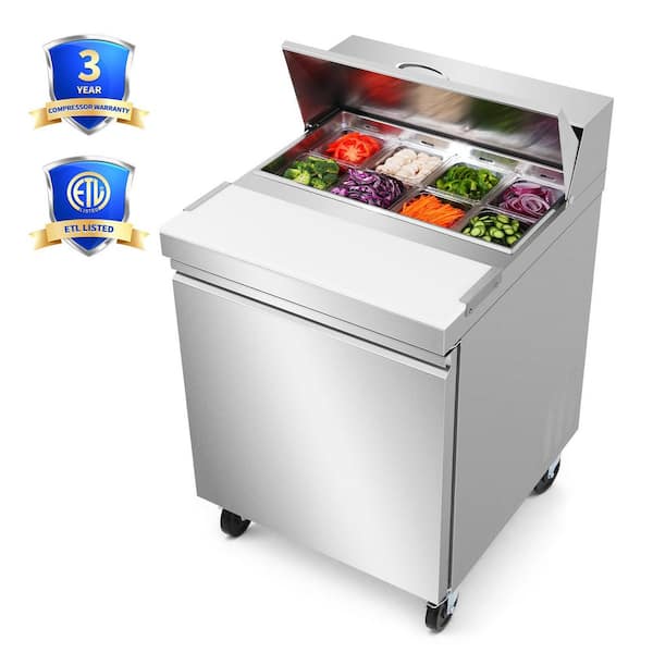 28 in. Commercial Refrigerator Sandwich and Salad Prep Table, 8 cu. ft. Stainless Steel Auto Defrost Food Prep Station