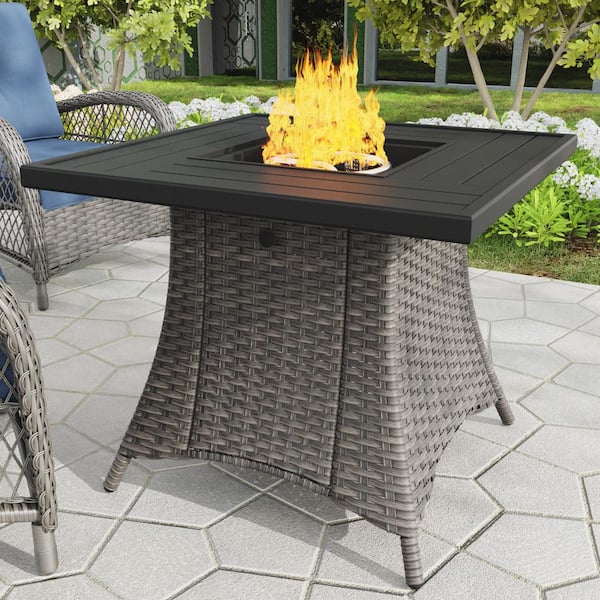 50000 BTU Gray Square Wicker Outdoor Propane Gas Fire Pit Table with Table Cover