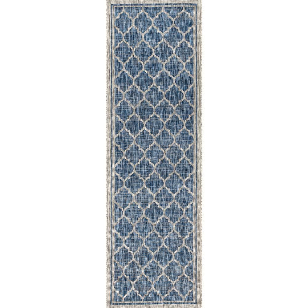 Navy and Gray Synthetic Moroccan Trellis Runner Rug, 2' x 10'