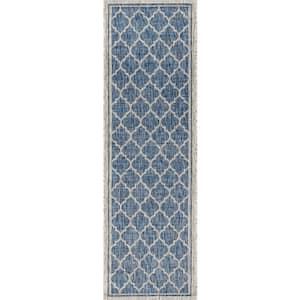 Trebol Moroccan Trellis Textured Weave Navy/Gray 2 ft. x 10 ft. Indoor/Outdoor Runner Rug