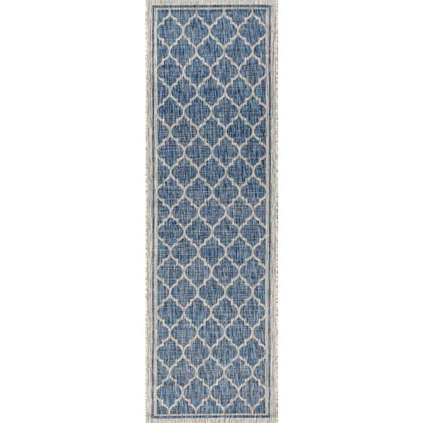 Trebol Moroccan Trellis Textured Weave Navy/Gray 2 ft. x 10 ft. Indoor/Outdoor Runner Rug