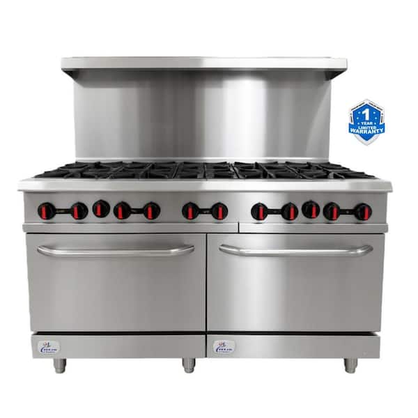 60 in. W 10 Burner Freestanding Commercial Double Oven Gas Range in. Stainless Steel