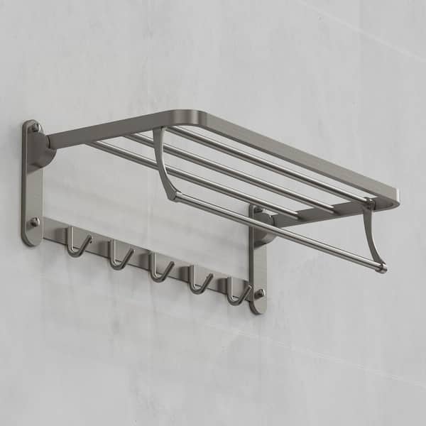 1-Spray Wall Mount Handheld Shower Head Foldable Towel Rack with Shelf, Stainless Steel, 1.8 GPM in Brushed Nickel