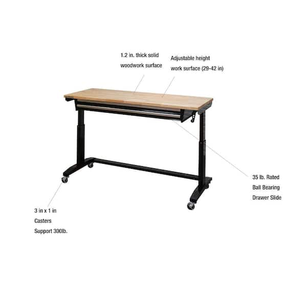 62 in. W x 24 in. D 2-Drawer Adjustable Height Black Workbench Table with Solid Wood Top