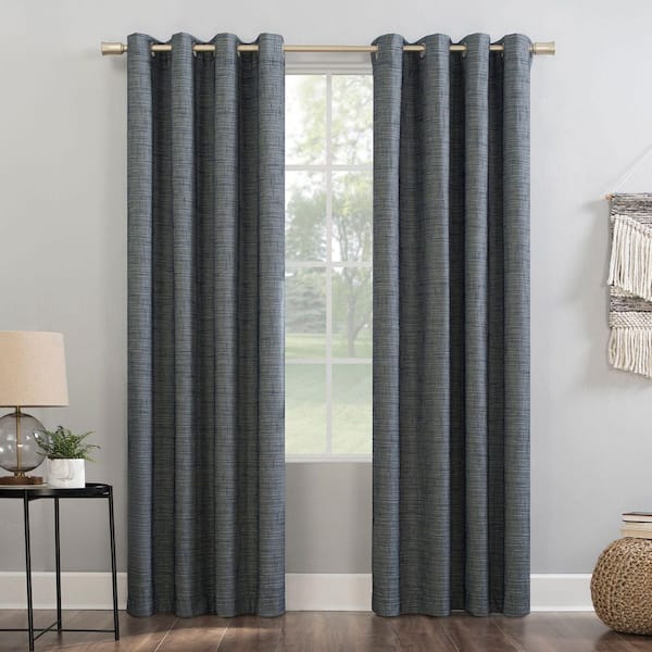 Sun Zero Kline Burlap Weave Thermal 100% 52 in. W x 63 in. L Blackout Grommet Curtain Panel in Navy/Denim