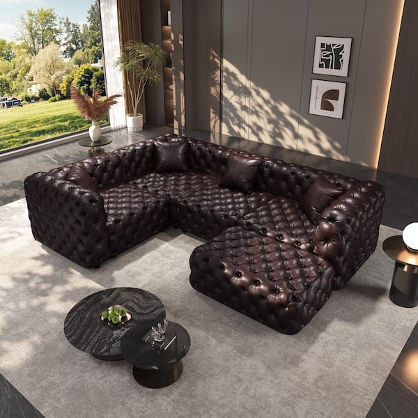 Modern Classic 103.8 in. 5-Piece Faux Leather Tufted Modular Sectional Sofa with Ottoman and 4 Pillows in Dark Brown