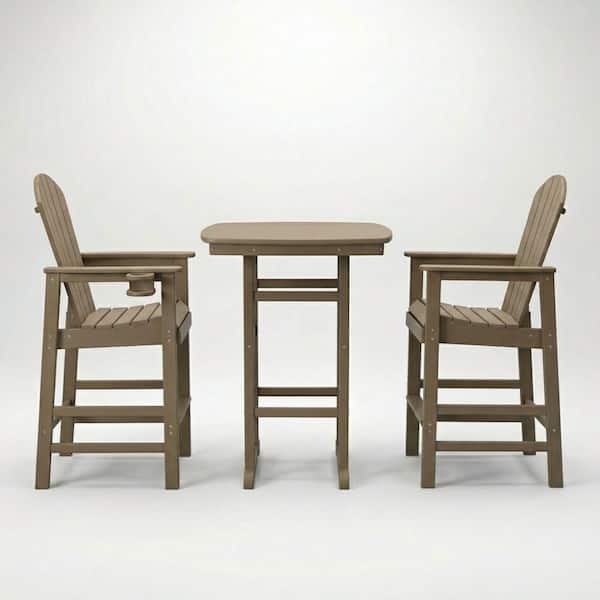 3-Piece Antique Oak HDPE Bar-Height Patio Set, Square High Top Table with Umbrella Hole and 2 Bar Stools