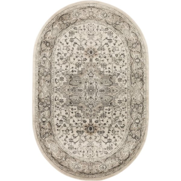 5 X 8 Gray and Ivory Medallion Power Loom Distressed Area Rug