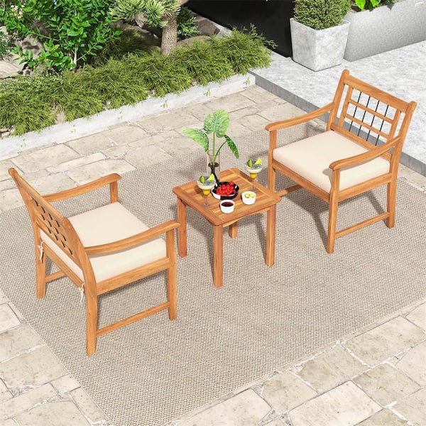 3-Piece Acacia Wood Outdoor Bistro Set with Coffee Table for Porch and Off White Cushions
