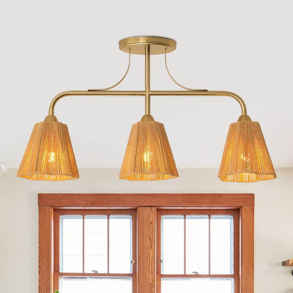30 in. 3-Light Farmhouse Brass Semi-Flush Mount Ceiling Light with Paper Rope Shade price history on PriceWatchPro
