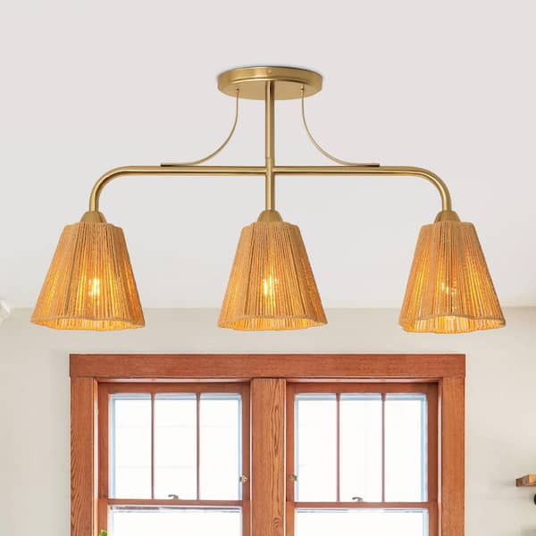 30 in. 3-Light Farmhouse Brass Semi-Flush Mount Ceiling Light with Paper Rope Shade