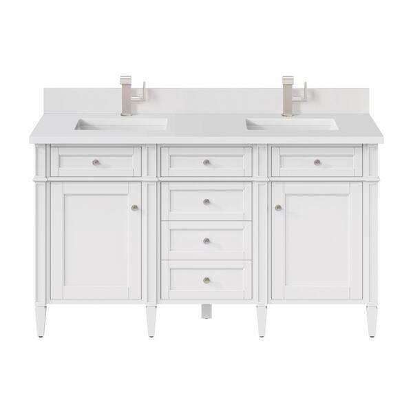 James Martin Vanities Brittany 60.0 in. W x 23.5 in. D x 34.0 in. H Double Bathroom Vanity in Bright White with White Zeus Quartz Top