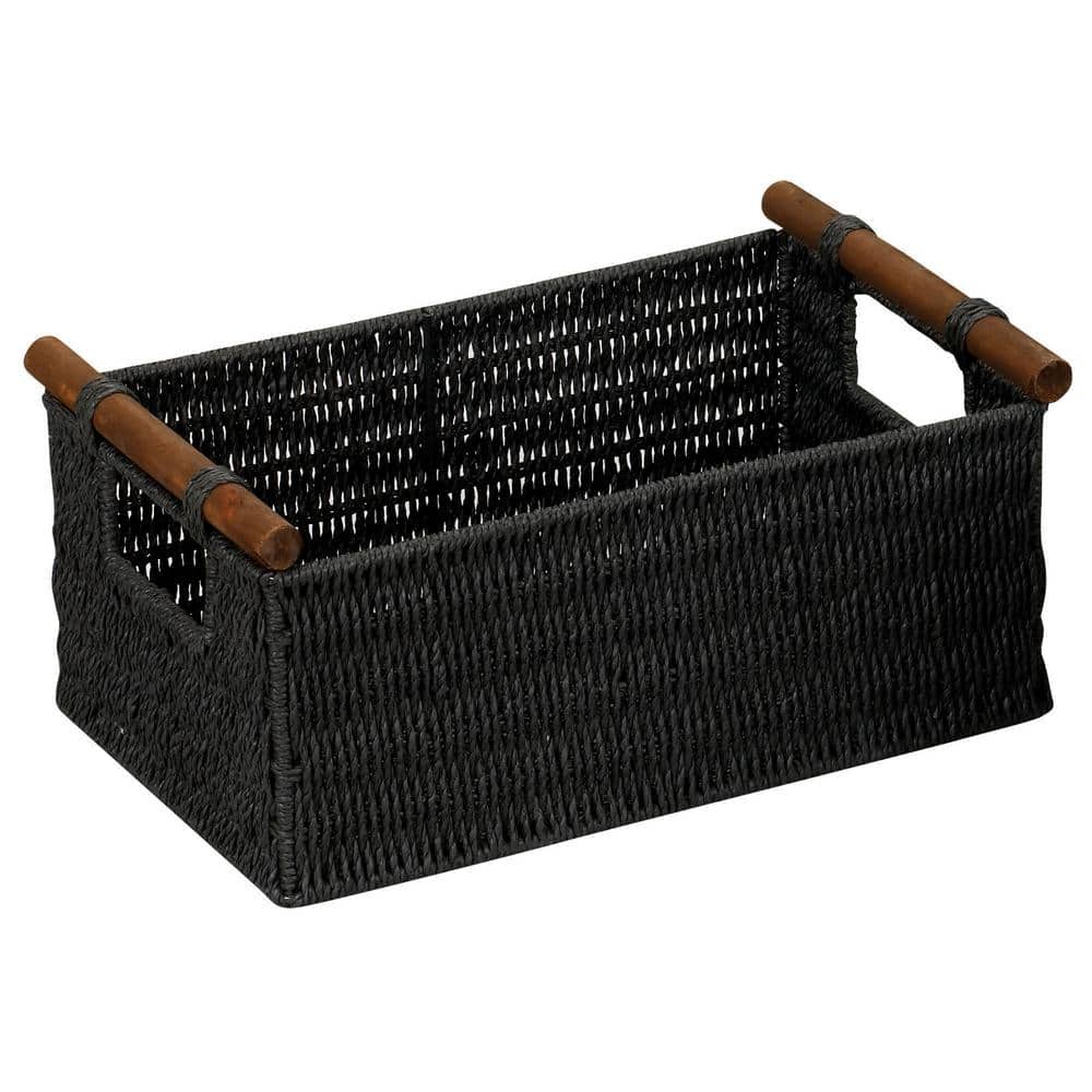 Black Handwoven Paper Rope Storage Baskets with Wood Handles, Set of 3