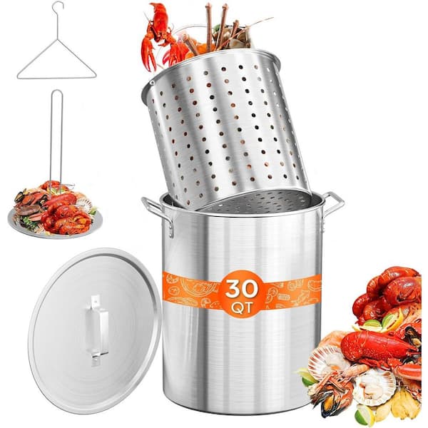 30 qt. Stainless Steel Stock Pot with Strainer Basket , Lid, Hook and Steamer