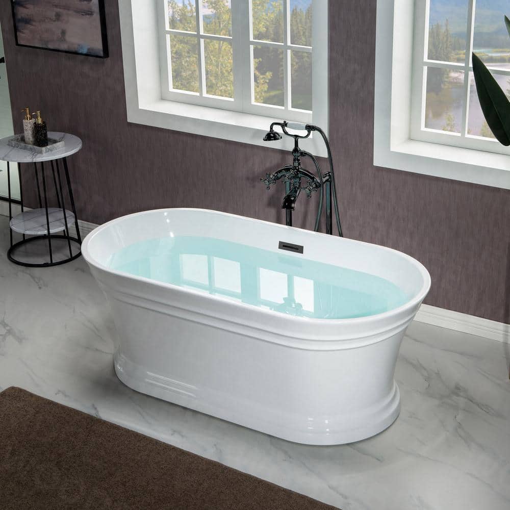 67" White Acrylic Freestanding Soaking Bathtub with Matte Black Trim