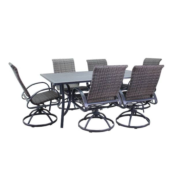 Courtyard Casual 7-Piece Santa Fe Dark Gray Wicker Rectangle Dining Set with 72 in. Table and 6 Swivel Rockers