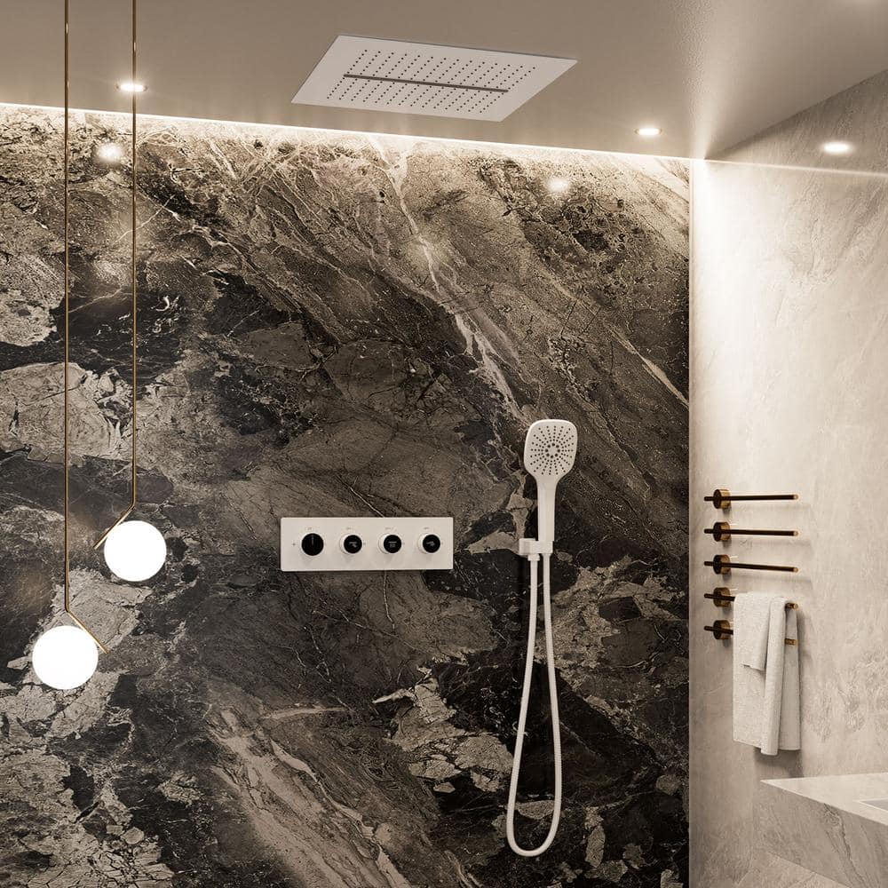 Matte White Dual Head Ceiling Mounted Rainfall Shower System